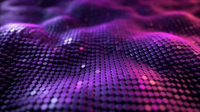 Abstract wavy surface with shimmering purple and pink circular elements creating a dynamic digital texture.