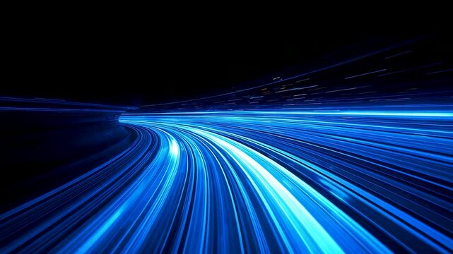Blue light trails racing through a dark abstract space creating dynamic motion streaks that suggest speed energy and advanced digital flow