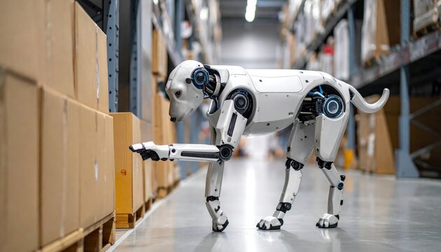 A sleek, robotic dog navigating a warehouse aisle, showcasing the fusion of technology and logistics in a modern storage facility. - Powered by Adobe