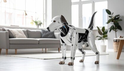 An advanced robotic dog stands proudly in a modern living space, showcasing cutting-edge technology and artificial intelligence in a sleek, futuristic design.