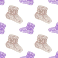 Beige and purple knitted socks in seamless pattern for World Prematurity Day awareness.Watercolor illustration for baby products,charity projects,medical campaigns,supportive social media content