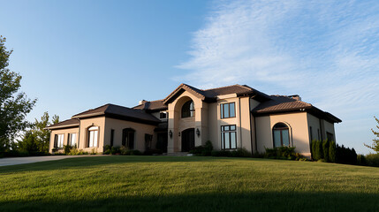 Fototapeta premium Expansive home with a lush green lawn. The sky is a clear blue with very few clouds. The architectural details are sophisticated and inviting, and exudes comfort.