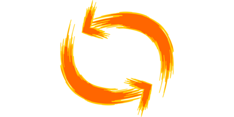 Vibrant orange brushstroke arrows depicting a circular refresh or recycling symbol against a clean white backdrop.