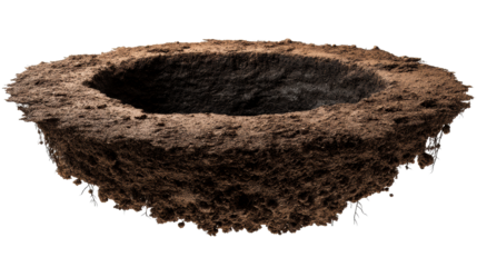 Floating island of earth with a crater and roots, symbolizing environmental change and geological formations, perfect for concepts related to nature and ecology