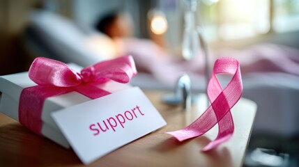 Breast cancer awareness gift box with pink ribbon bow and support card