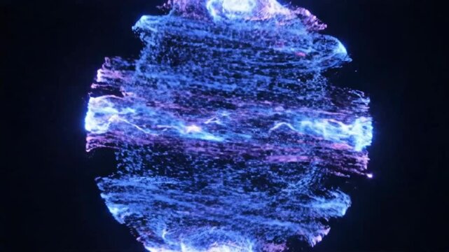 Abstract glowing blue and purple particles forming a dynamic spherical shape against a dark background, resembling a cosmic cloud or digital energy.