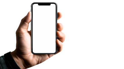 Hand holding a modern mobile phone with a blank white screen for showcasing app interfaces or website previews in a clean presentation.