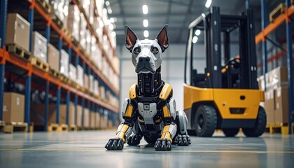 A futuristic robot dog, meticulously engineered, sits amidst the organized rows of a modern warehouse.