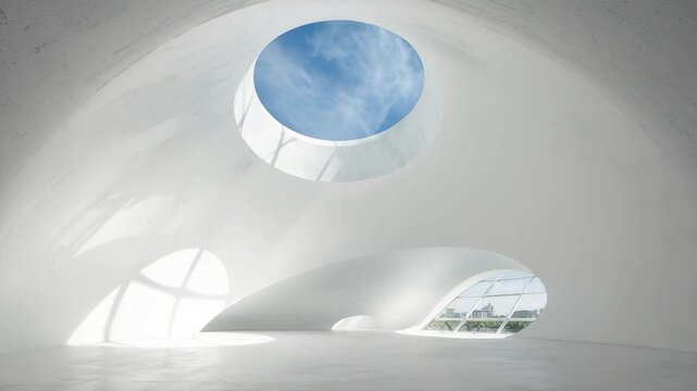 Bright white modern interior with curved ceiling and circular skylight revealing blue sky inside a serene minimalist architectural space