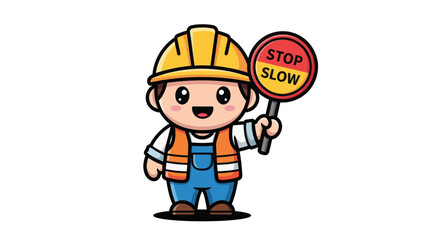 Obraz premium Cartoon Construction Worker Illustrating Road Safety With Stop and Slow Sign