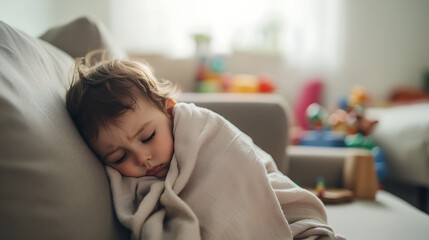 Serene slumber of a young child nestled on a sofa, enveloped in a cozy blanket, eyes gently closed in peaceful rest, surrounded by a soft, diffused light. nap time bliss.