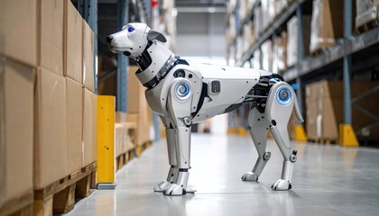 A robotic dog stands amidst a warehouse of cardboard boxes, showcasing the intersection of technology and industry. This image of the future with a metallic canine.