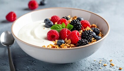 White bowl of yogurt topped with strawberries, blueberries, raspberries, blackberries, mint, and honey drizzle from dipper, with scattered berries and second bowl in soft background on textured surfac