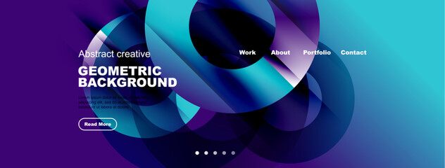 Abstract geometric background features vibrant blue, purple hues. Text elements include work, about, portfolio, contact options. Button reads Read More.