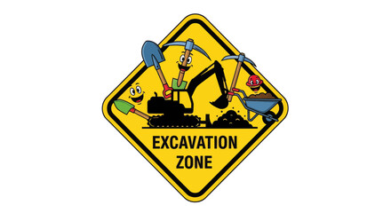 Cartoon Excavation Zone Sign Illustrating Construction and Heavy Equipment Safety