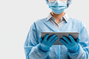Healthcare Professional with Tablet: A dedicated healthcare worker, adorned in protective attire, engages with a digital tablet, symbolizing technological integration in healthcare.