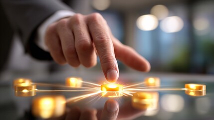 Conceptual image of a person's finger activating a glowing central hub, symbolizing network connection and data flow in a digital world, with vibrant cinematic lighting and a reflective surface.