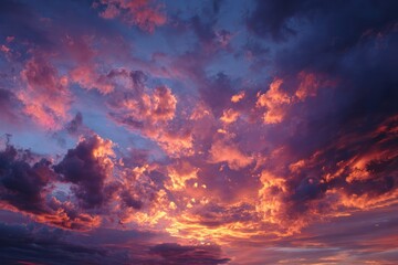 Naklejka premium Sky's Palette: A breathtaking celestial canvas of clouds ablaze with the vibrant hues of dawn, painting a dynamic landscape of light and shadow, capturing the awe-inspiring beauty of nature.