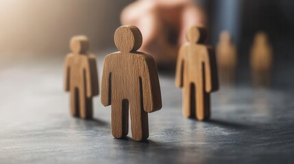Wooden figures representing a team or group dynamic on a dark surface