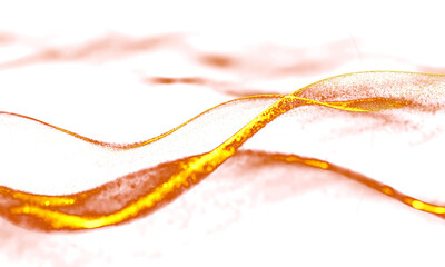 Vibrant Orange and Yellow Particle Wave on a Clean White Background, Abstract Flowing Energy Line with Bright Light Effect and Depth of Field.