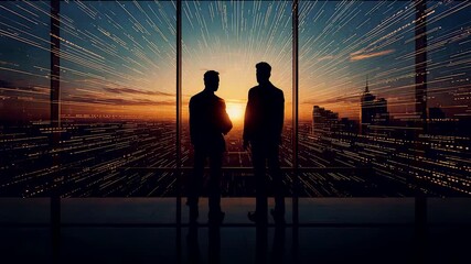 Two silhouetted figures standing before a vast digital cityscape at sunset as glowing data streams spread across the horizon - Powered by Adobe