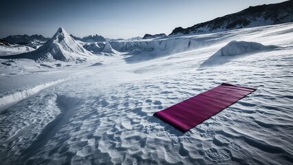 Sleeping mat laid on snowy ground in a mountainous landscape