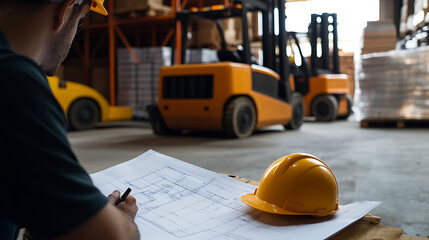 Warehouse blueprint review. A person with a hard hat examines a blueprint in a warehouse with forklifts and stored goods. Planning and logistics are vital here.