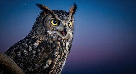 Portrait of a Great Horned Owl perched on a branch against dusky sky