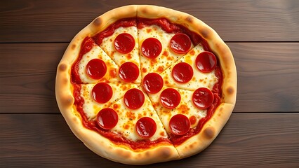 Pepperoni pizza with melted cheese, captured on a rustic wooden background for a delicious appeal.
