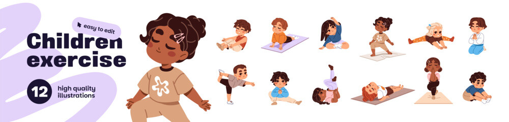 Naklejka premium Children do sports exercises set. Happy kids are training, stretching and practicing yoga. Cute little boys and girls do child workout on mats. Flat isolated vector illustrations on white background