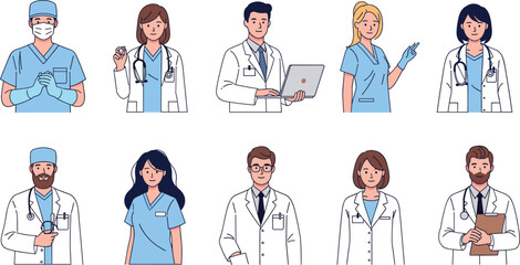Vector collection of diverse medical professionals, including doctors and nurses in scrubs and lab coats, holding stethoscopes and clipboards, ready for patient care