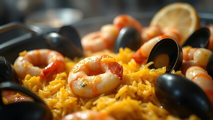Close-up of traditional Spanish seafood paella with shrimp and mussels.