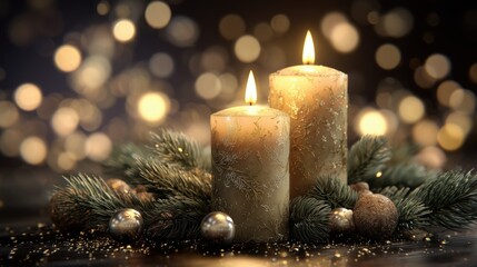 Christmas candles with gold ornaments and pine branches in soft festive bokeh