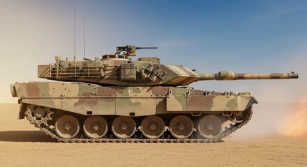 Powerful battle tank in desert landscape delivering unmatched firepower