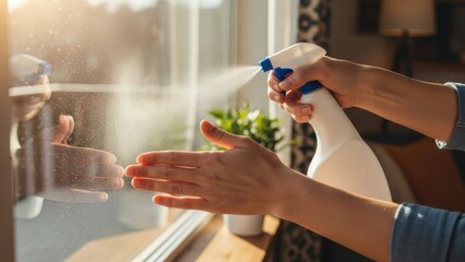Person disinfecting hands with spray cleaner near window sunlight in bright
