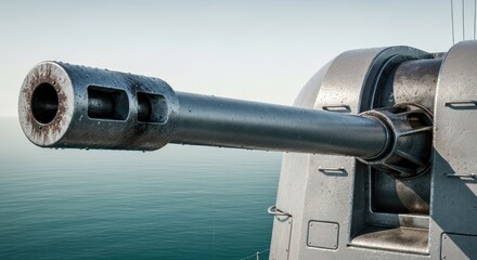 Powerful naval artillery against a serene ocean backdrop, a symbol of defense