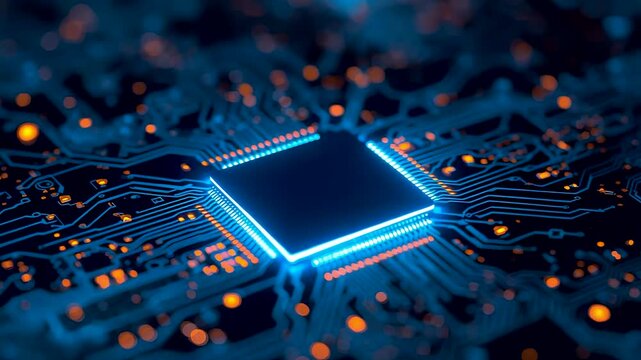 Glowing central microchip mounted on advanced electronic circuit board with blue light accents and intricate connections across dark hardware surface