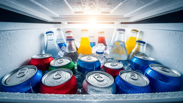 Assorted beverages in cooler with ice and condensation inside  