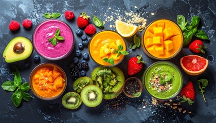 Colorful array of fresh fruits, vegetables, and four smoothies in orange, green, and pink shades, garnished with mint, seeds, and fruit slices, arranged on dark surface with rich textures.