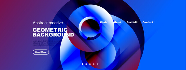 Modern website mockup features abstract geometric shapes, vibrant colors, text elements, navigation menu, call to action button.