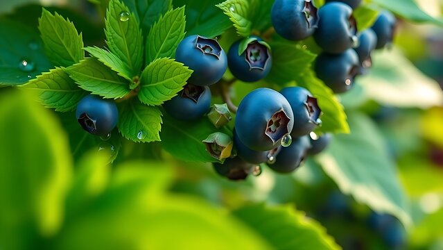Close-up of lush blueberry leaves with morning dew drops in natural sunlight. - Powered by Adobe