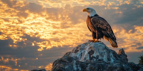 American bald eagle perched on rock with ukrainian trident at sunset