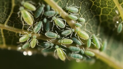 A close-up view of a large colony of small green aphids clustered together on a vibrant green leaf, showing their intricate details and the plant surface.
