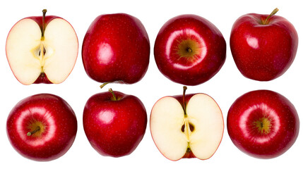 Top view of vibrant red apples and apple halves showing fresh healthy produce for food and nutrition concepts, perfect for healthy eating promotions and recipes.