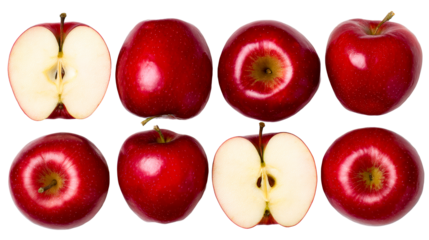 Top view of vibrant red apples and apple halves showing fresh healthy produce for food and nutrition concepts, perfect for healthy eating promotions and recipes.