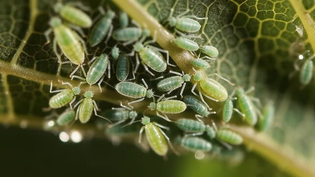 A close-up view of a large colony of small green aphids clustered together on a vibrant green leaf, showing their intricate details and the plant surface.