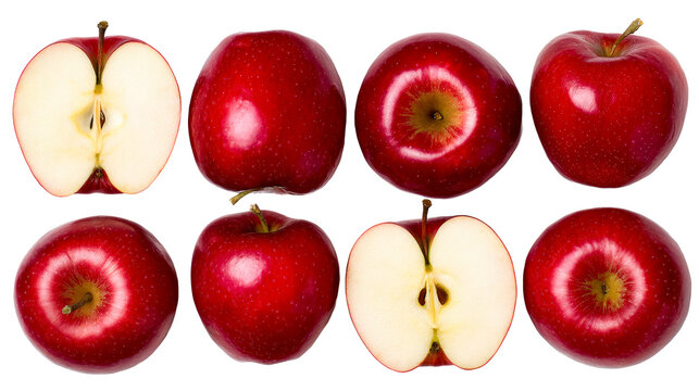 Top view of vibrant red apples and apple halves showing fresh healthy produce for food and nutrition concepts, perfect for healthy eating promotions and recipes. - Powered by Adobe
