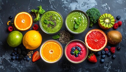 Colorful array of fresh fruits, vegetables, and four smoothies in orange, green, and pink shades, garnished with mint, seeds, and fruit slices, arranged on dark surface with rich textures.