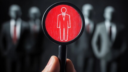 Hand holding magnifying glass focusing on a businessman icon in red circle