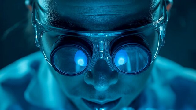 Intense blue lit portrait of focused scientist wearing protective goggles with glowing reflections creating a high tech laboratory atmosphere